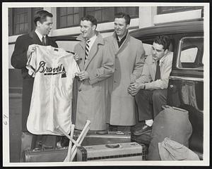 A Shirt for Which They’d Give Their Shirts is offered to three Braves’ prospects by John Mullen, secretary of the Tribe’s minor league system, before the quartet left for minor league camp at Waycross, Ga. With Mullen are (left to right) Infielder Bill Porter of Worcester and Holy Cross, Pitcher Hal Luddy of Rockland, and Pitcher Don Buchanan of Winthrop.