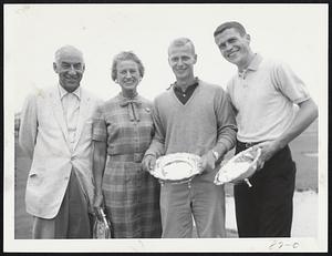All in Family-Maurcie J. Tobin Jr. (second right) and his partner, John Neagle (right), are congratulated by his mother, Mrs. Helen Tobin Regan, and John Franks (left), Hatherly president, during presentation ceremonies after Maurice and Neagle won memorial tourney named for late father.