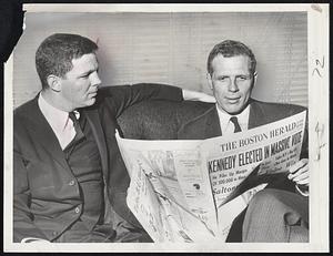 Winner Kevin White reads Boston Herald story of his victory in the Secretary of State fight as his brother, Terrence, (left) looks on. White topped his GOP rival, Edward W. Brooke of Boston.