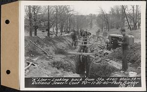 Contract No. 70, WPA Sewer Construction, Rutland, "A" line, looking back from Sta. 4+60 Main Street, Rutland Sewer, Rutland, Mass., Nov. 20, 1940