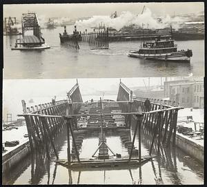 Scenes along the waterfront yesterday as the Boston Dry Dock Company moved a 210-foot marine railway cradle a distance of about three-quarters of a mile. Above--tugs easing the cradle past the Marginal street drawbridge. below--the cradle, arrived at its destination, is drawn up into a larger cradle (foreground) for overhauling.