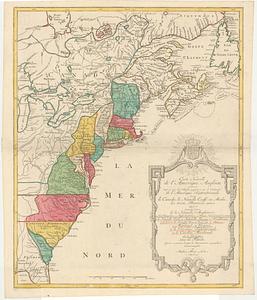 Carte nouvelle de l'Amerique angloise contenant tout ce que les anglois possedent sur le continent de l'Amerique Septentrionale savoir le Canada, la Nouvelle Ecosse ou Acadie, les treize provinces unies qui sont: les quatres colonies de la Nouvelle Angleterre 1. New Hampshire, 2. Massachusetsbaye, 3. Rhode-Island, & 4. Conecticut, 5. La Nouvelle York, 6. Nouvelle Jersey, 7. Pensilvanie, 8. Les comtés de Newcastle Kent et Sussex sur la Delaware, 9. Mariland, 10. Virginie, 11. La Caroline Septentrionale, 12. La Caroline Meridionale et 13. Georgie: avec la Floride