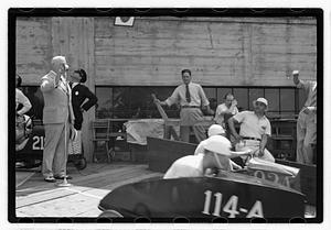 Boston Traveler Soap Box Derby July 1938, Boston Parks Commissioner William Long on microphone