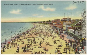 Bathing beach and bathers from pier, Old Orchard Beach, Maine