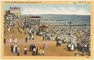 Beach and boardwalk, Coney Island, N. Y.
