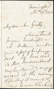 Emily Tennyson autograph letter signed to Mrs. Gatty, Farringford, [Isle of Wight], 29 November 1858