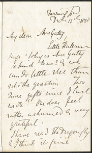 Emily Tennyson autograph letter signed to Mrs. Gatty, Farringford, [Isle of Wight], 13 December 1858
