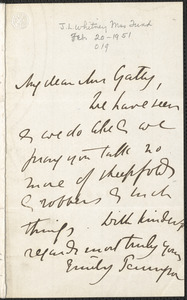 Emily Tennyson autograph letter signed to Mrs. Gatty, [Farringford, Isle of Wight], [December 1858?]