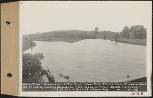 Ware River, upper end of mill pond, Ware Mills Otis Co. from bridge on back road to Ware, looking upstream, drainage area = 166 square miles, flow = 2100 cubic feet per second = 12.7 cubic feet per second per square mile, Ware, Mass., 2:50 PM, Sep. 17, 1933