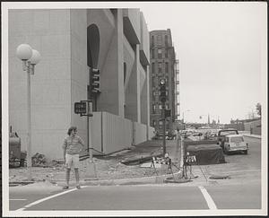 Construction of Boylston Building, Boston Public Library, sidewalk under construction at corner of Boylston Street and Exeter Street