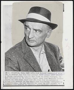Red Spy- Col Rudolf Ivanovich Able 55, a master spy for the Soviet NKVD since 1927 aboard a plane returning him to New York to face charges. He was arrested in McAllen, Texas near the Mexican border where he had been held for 30 days for deportation after his arrest in New York for violating immigration regulations. He had $6000 in cash in his pocket to finance his return to Russia.