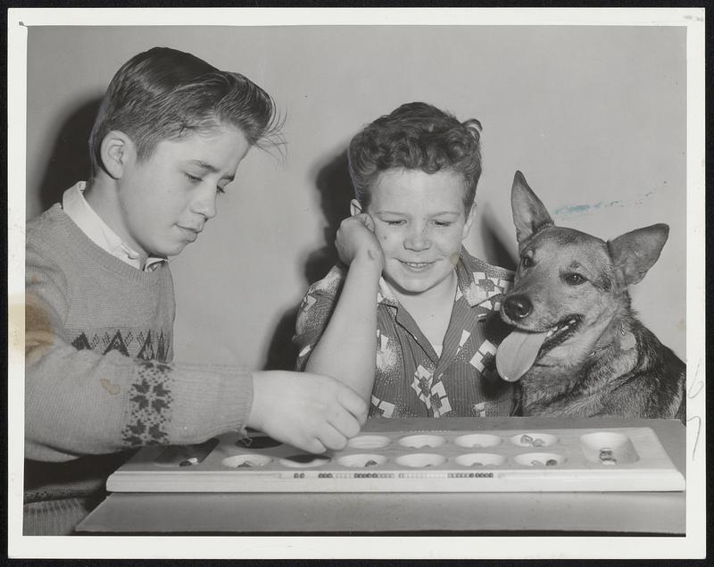 Enjoying Fast Game of Kalah are Louis Cijan, 13, of 18 Upton St., South End, a student at the Rice School, and Joey Ernshaw, 13, of 721 Tremont St., South End. He is a student at the Dwight School. Interested spectator is Joey’s dog, Snookie.