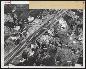 Post Office Destroyed-The Fayville post office on the Worcester lumpike, struck by the tornado, was left a pile of rubble while several nearby buildings freakishly escaped.