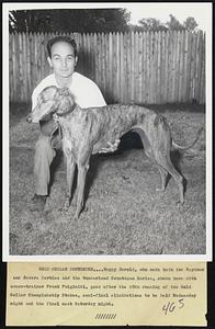 Gold Collar Contender...Happy Harold, who made both the Raynham and Revere Derbies and the Wonderland Countdown Series, shown here with owner-trainer Frank Fulginiti, goes after the 30th running of the Gold Collar Championship Stakes, semi-final eliminations to be held Wednesday night and the final next Saturday night.