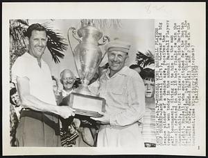 Russell Wins Baseball Players Golf Tourney - Jack Russel (left), 46-years old big league pitcher of a decade age, receives the trophy he won today in the annual Baseball players golf tournament. Giving it to him is the man Russell defeated in the 18 hole finals to win the championship, Detroit Tigers' coach Dick Bartell (right). Russell, who once pitched for the Boston Red Sox, Washington, Detroit, Chicago Cubs and the St. Louis Cards, downed Bartell 3 and 2 to win the tournament.