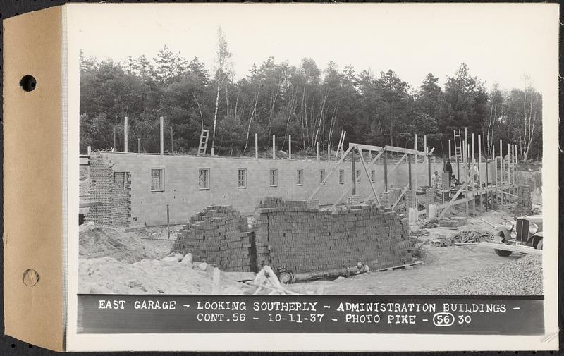 Contract No. 56, Administration Buildings, Main Dam, Belchertown, east garage, looking southerly, Belchertown, Mass., Oct. 11, 1937