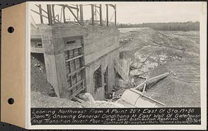 Contract No. 80, High Level Distribution Reservoir, Weston, looking northwest from a point 20 feet east of Sta. 19+80 dam 1, showing general conditions at east wall of gatehouse and transition invert pour, high level distribution reservoir, Weston, Mass., May 29, 1940