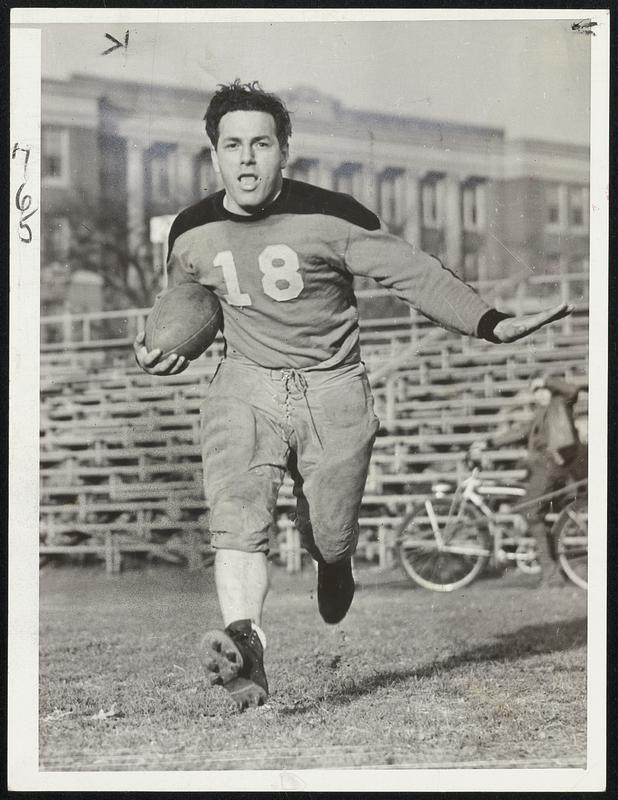 Brockton High School's powerful football team is currently tied with Melrose for leadership of the state championship football race and the main reason for its success is the above chap, Frank Saba. Frank is captain and quarterback and just about everything else on the otherwise average team and his triple threat touchdown talent has driven Brockton to six victories with only one tie to prevent a perfect season.
