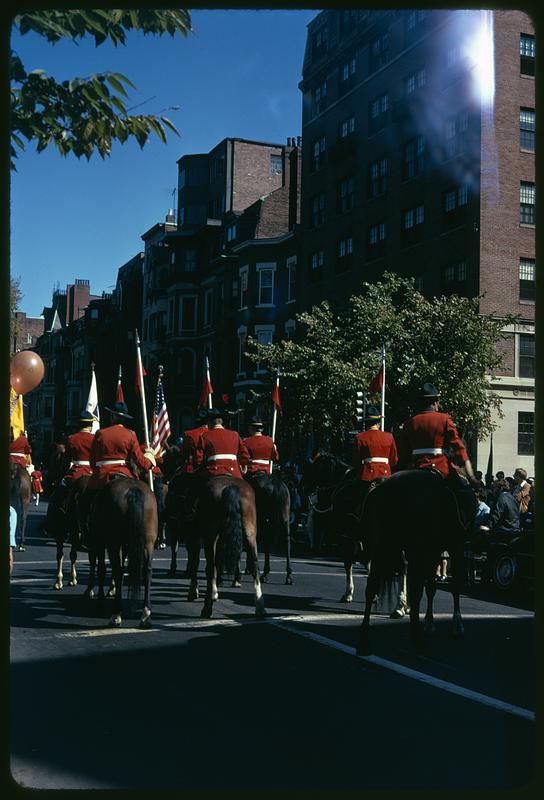 Flag bearers on horseback, Boston Columbus Day Parade 1973