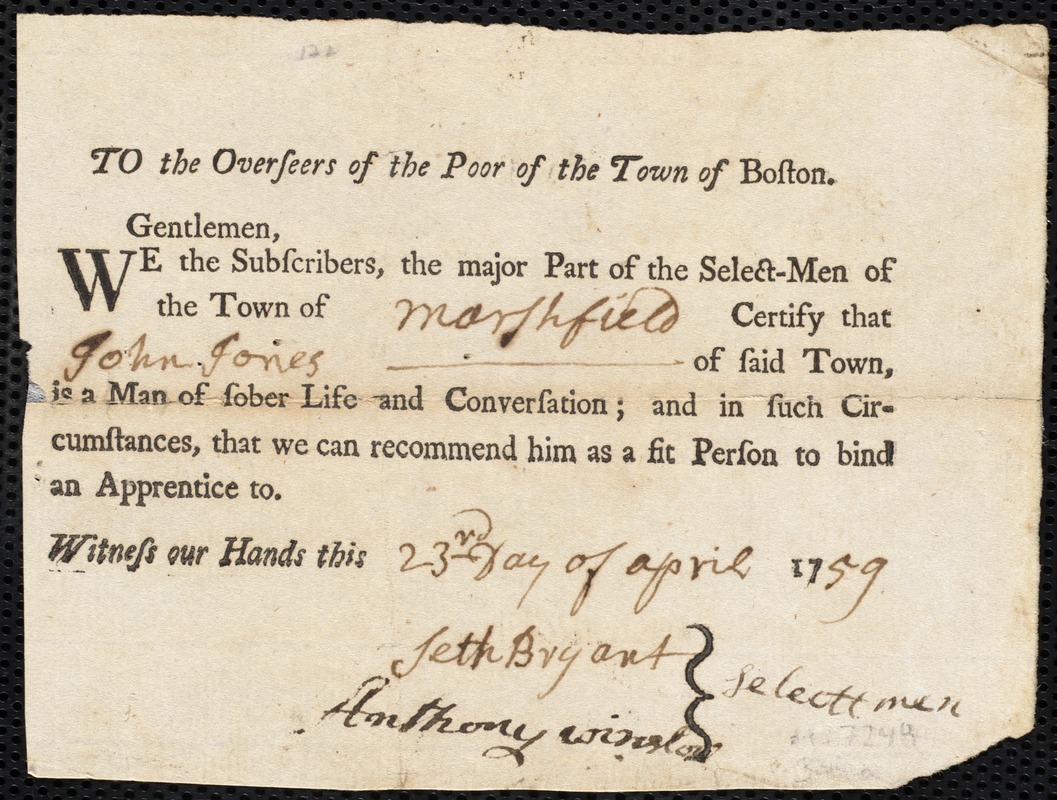 William Curtain indentured to apprentice with John Jones of Marshfield, 6 June 1759