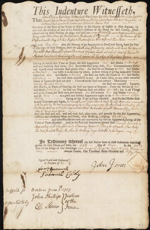 Lydia Gray indentured to apprentice with John Jones of Marshfield, 6 June 1759