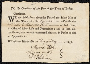 Susanna Perraway indentured to apprentice with Robert Haward, Jr. of Bridgewater, 6 June 1759