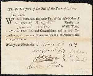 Thomas Craige indentured to apprentice with Samuel Bridge of Worcester, 14 June 1759