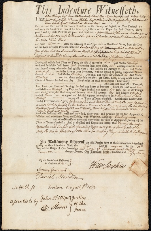 Katharine Stanton indentured to apprentice with William Simpkins of Boston, 1 August 1759