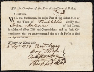Henry Peak indentured to apprentice with John Anthoine of Marblehead, 5 September 1759