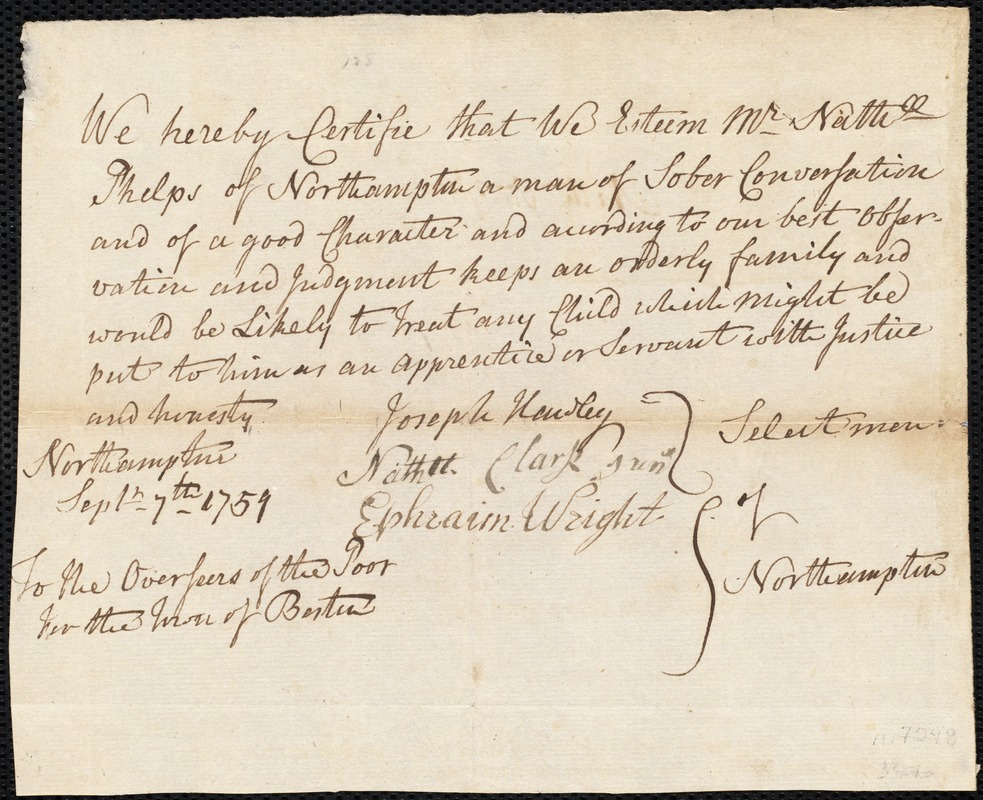Mary Craigie indentured to apprentice with Nathaniel Phelps of Northampton, 15 September 1759