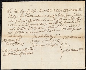 Mary Craigie indentured to apprentice with Nathaniel Phelps of Northampton, 15 September 1759