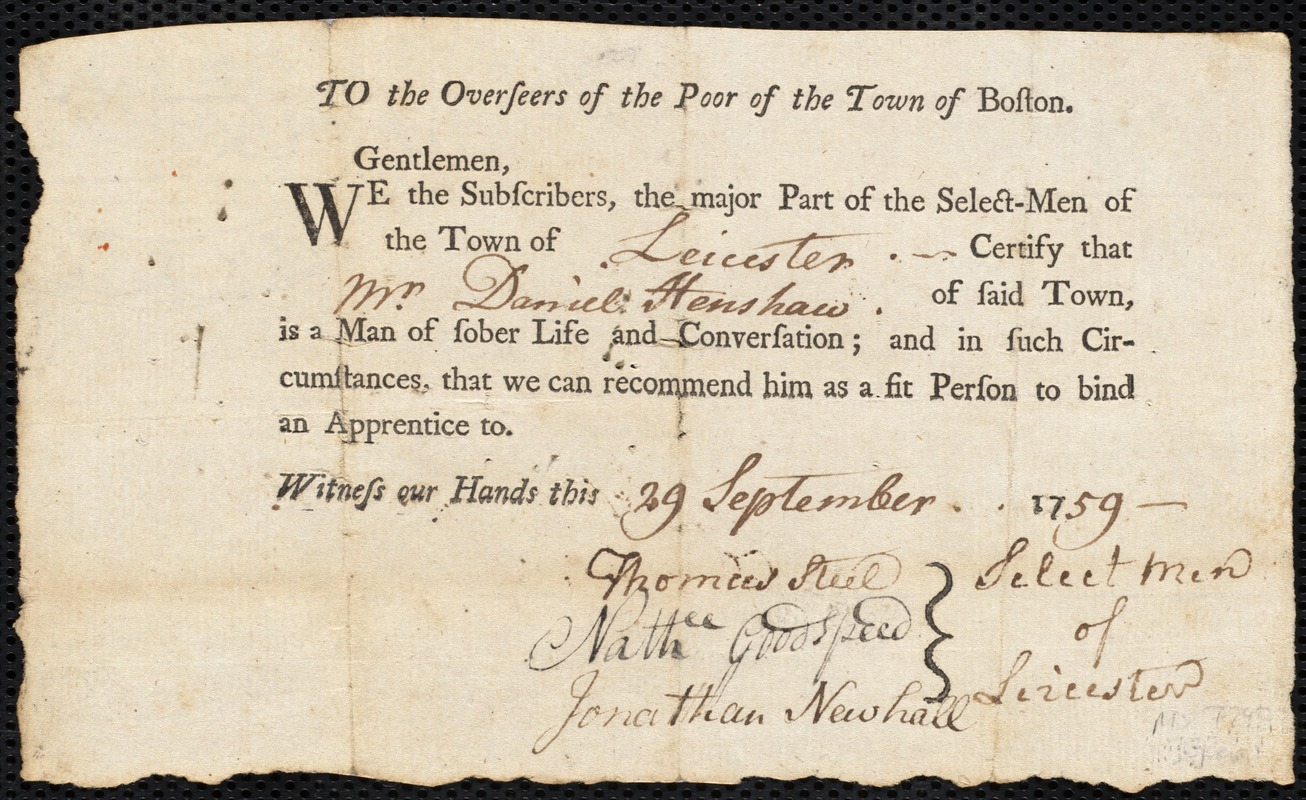 Mary Davis indentured to apprentice with Daniel Henshaw of Leicester, 3 October 1759