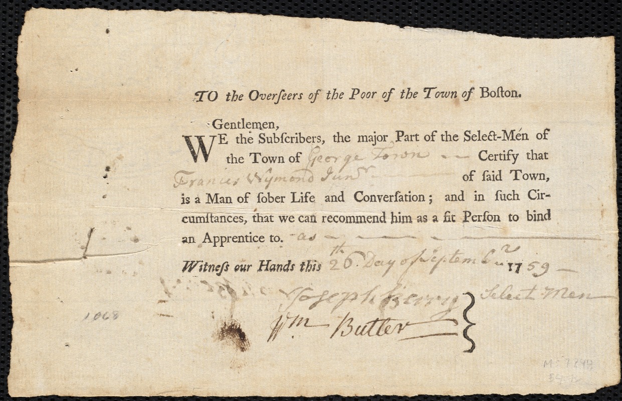 Robert Stokey indentured to apprentice with Francis Wyman, Jr. of Georgetown, 3 October 1759