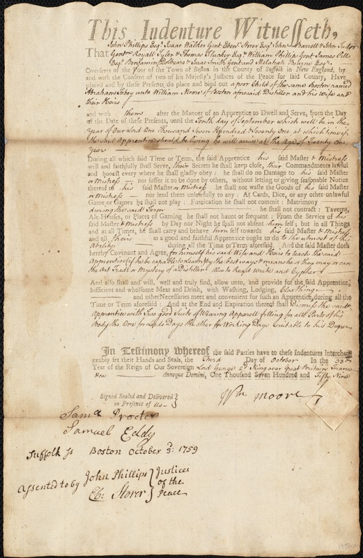 Abraham Tobey indentured to apprentice with William Moore of Boston, 3 October 1759