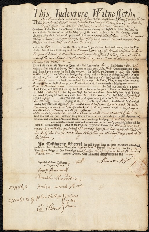William Tuckerman indentured to apprentice with Thomas Rice of Boston, 28 February 1760