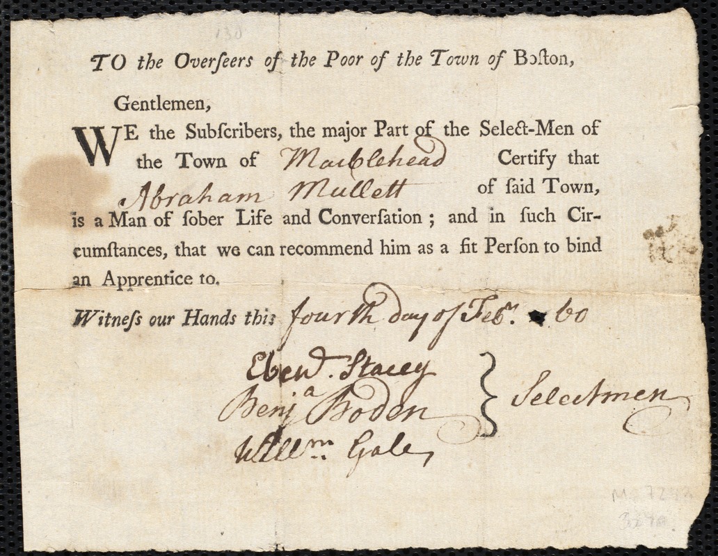 William Gaskin indentured to apprentice with Abraham Mullett of Marblehead, 6 February 1760