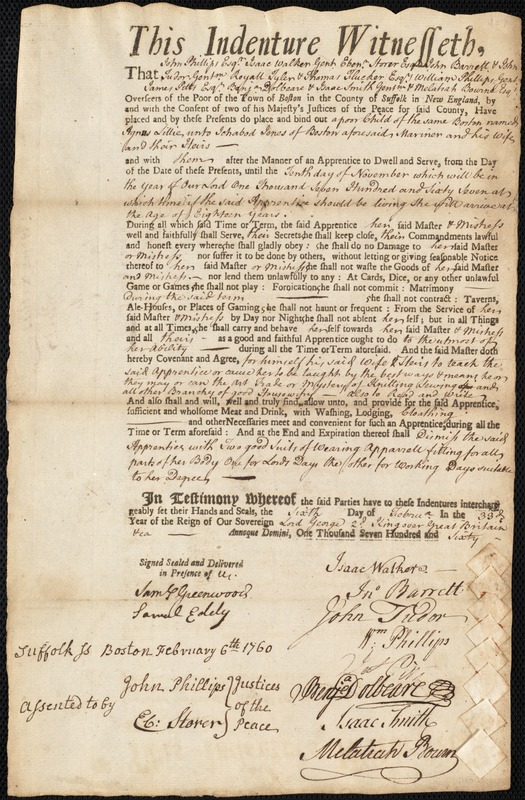 Agnes Lillie indentured to apprentice with Ichabod Jones of Boston, 6 February 1760