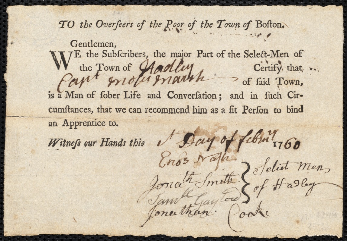 Mark Noble indentured to apprentice with Moses Marsh of Hadley, 14 February 1760
