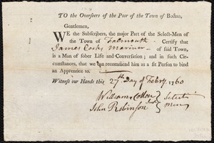 Margaret [Margarett] Hendly indentured to apprentice with James Cocks of Falmouth, 4 March 1760
