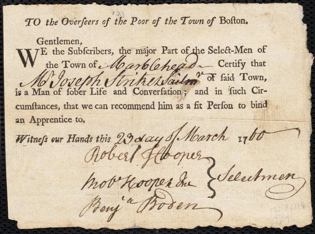 William Shirley indentured to apprentice with Joseph Striker of Marblehead, 4 April 1760