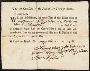 Sarah Hoar indentured to apprentice with David Willmarth [Willmerth] of Bridgewater, 17 May 1760