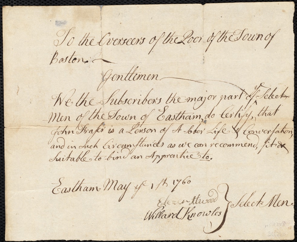 John Shirley indentured to apprentice with John Fraser of Eastham, 10 May 1760