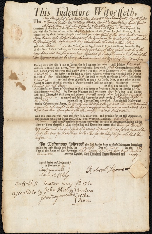 Mary Rogers indentured to apprentice with Robert Thompson of Bridgewater, 7 May 1760
