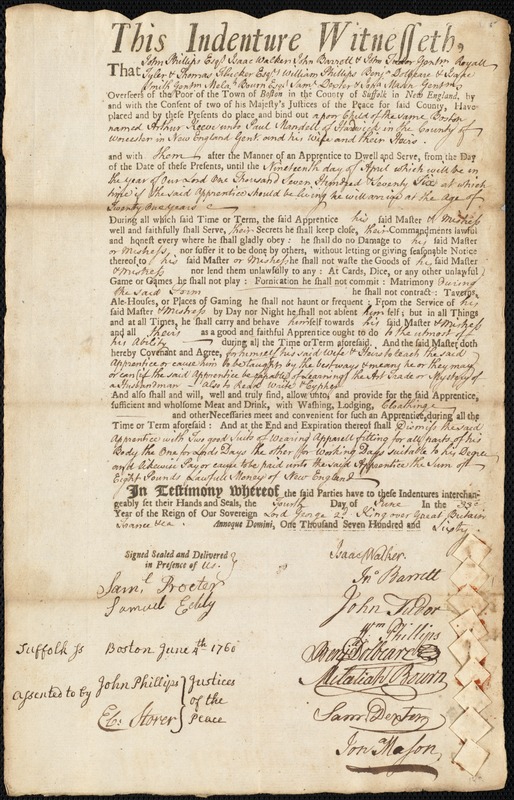 Arthur Keeve indentured to apprentice with Paul Mandell of Hardwick, 4 June 1760