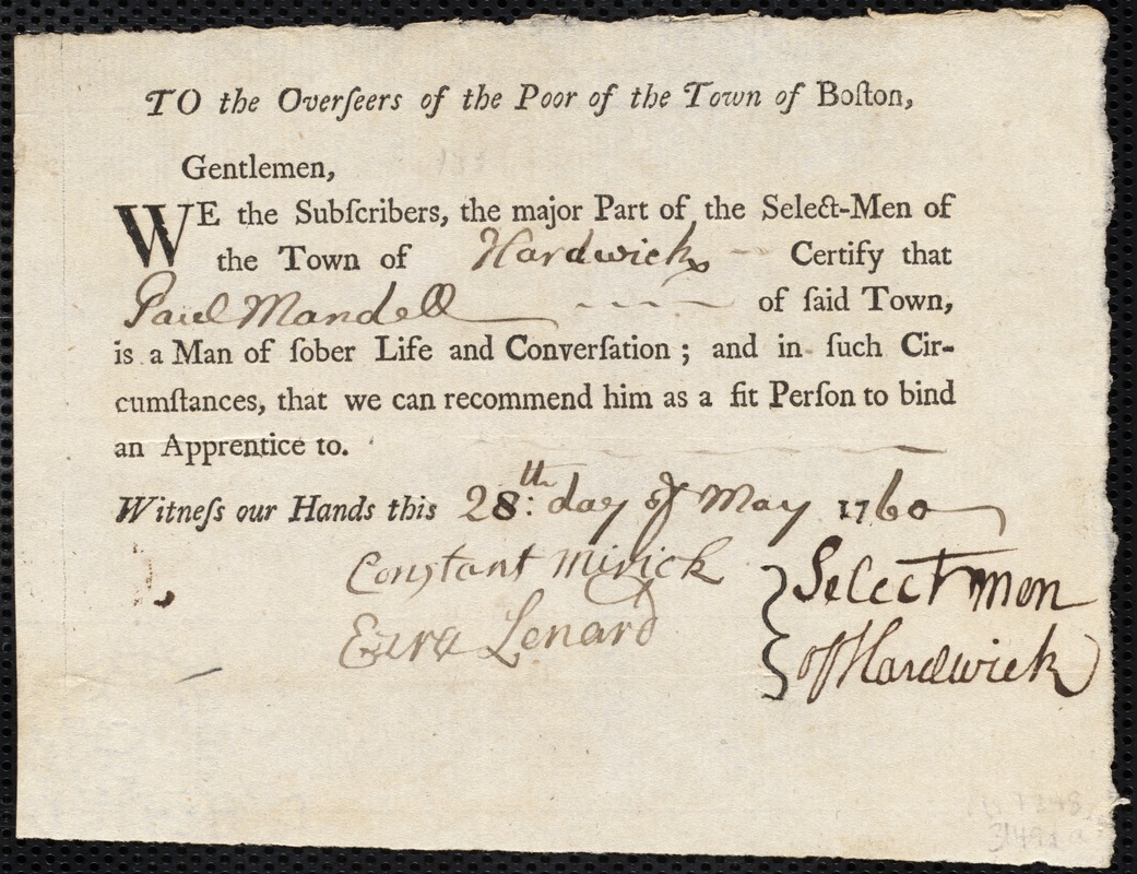 Susanna Holmes indentured to apprentice with Paul Mandell of Hardwick, 4 June 1760