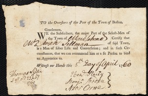 Thomas Lillie indentured to apprentice with Joseph Sellman of Marblehead, 2 July 1760