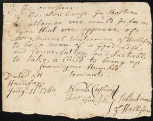 Sarah Whitney indentured to apprentice with Samuel Waterman of Halifax, 17 July 1760