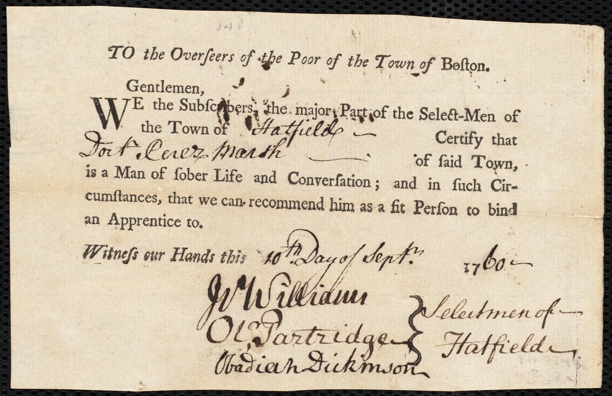 Mary Nichols indentured to apprentice with Perez Marsh of Hatfield, 6 August 1760