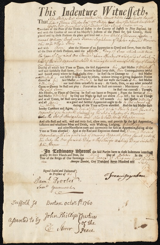 William Burk indentured to apprentice with Francis Ingraham of Boston, 1 October 1760