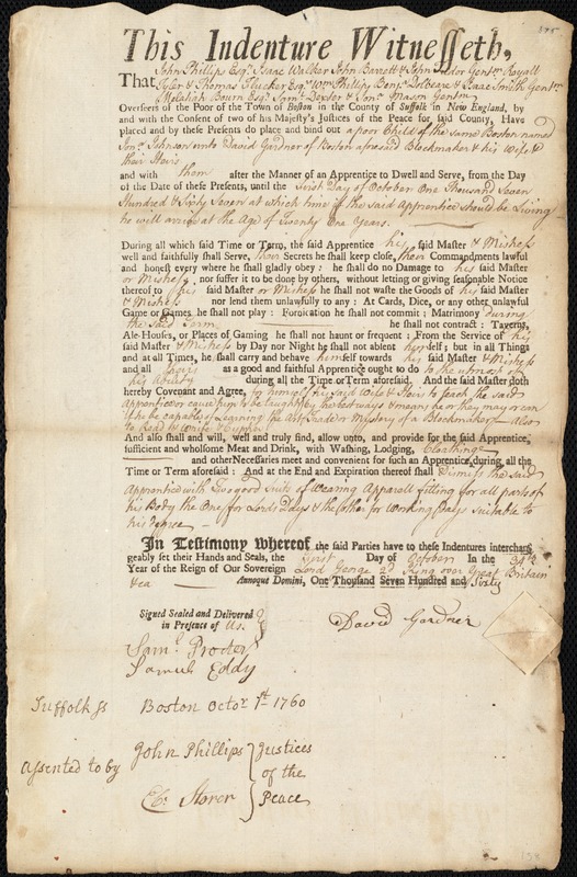 Jonathan Johnson indentured to apprentice with David Gardner of Boston, 1 October 1760